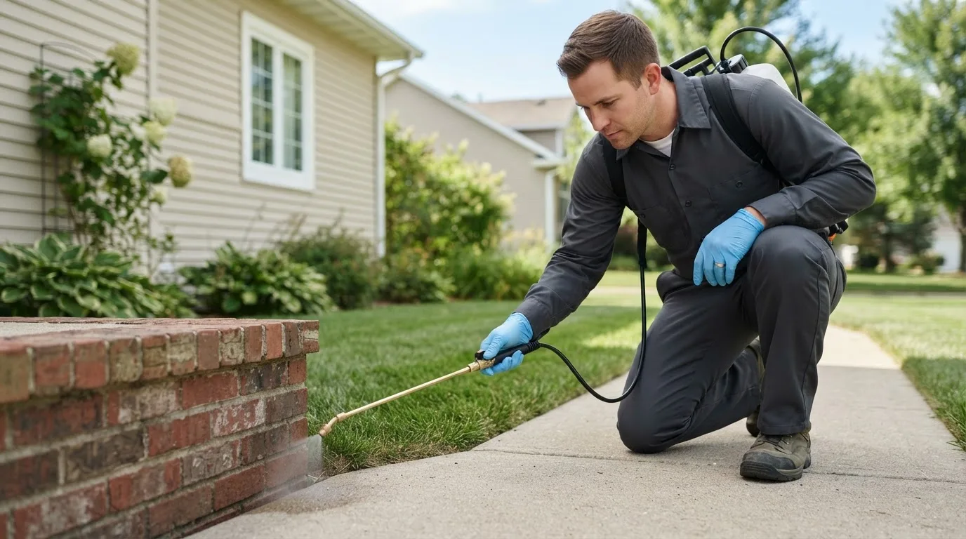 Pest control technician treating a home near Ryan, IA