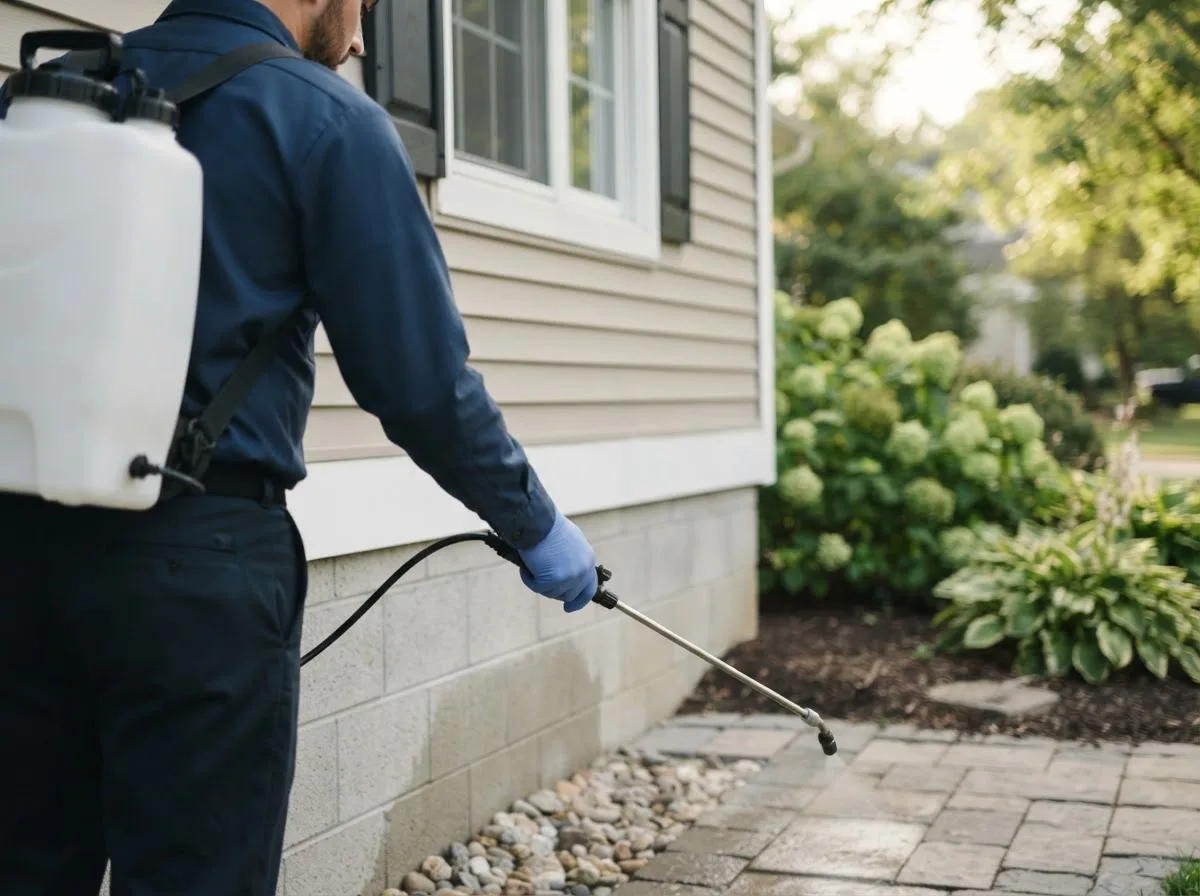 Pest control technician inspecting a home in Ryan, IA